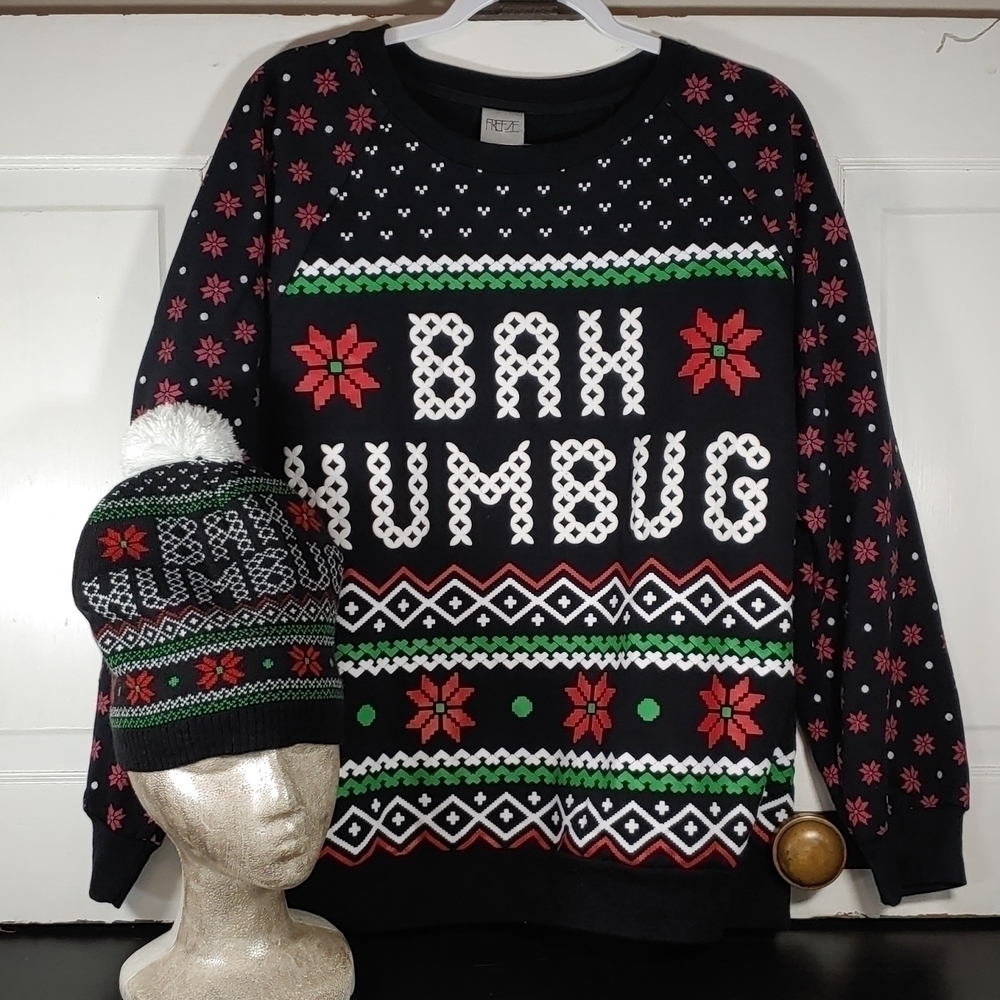 Freeze Bah Humbug Ugly Christmas Sweatshirt & Matching Hat Set Size XL